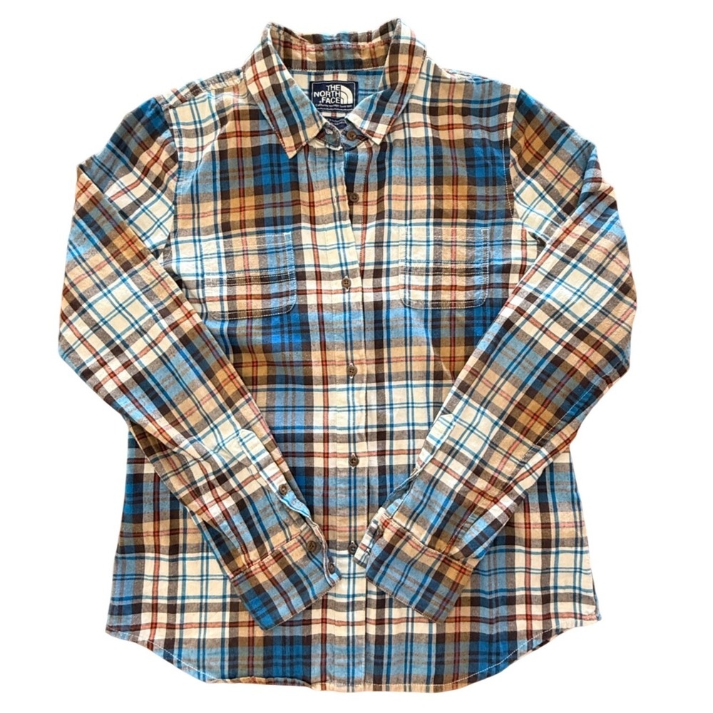 The North Face Women's Plaid Flannel Button Down Shirt Sz Medium Blue Brown